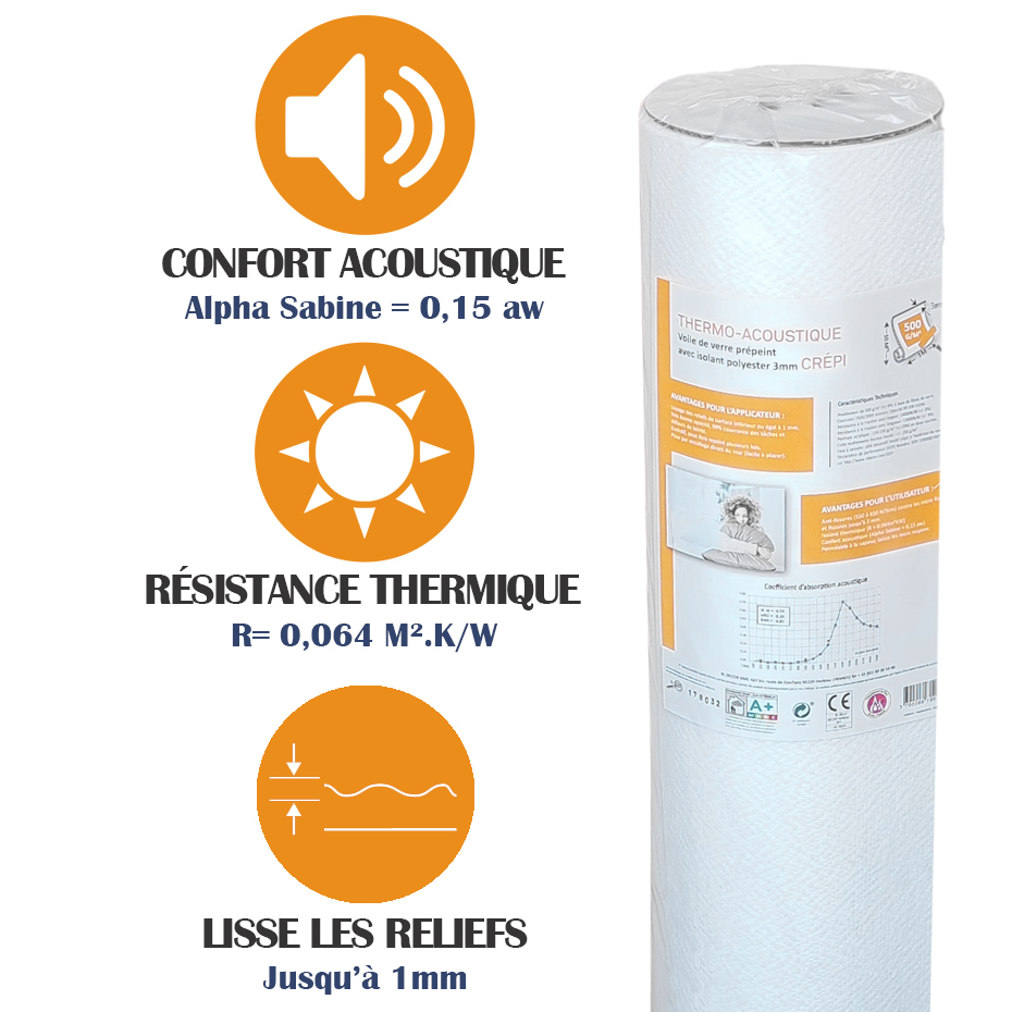 Toile de verre thermo-acoustique motif Crépi 500g/m² -10m²