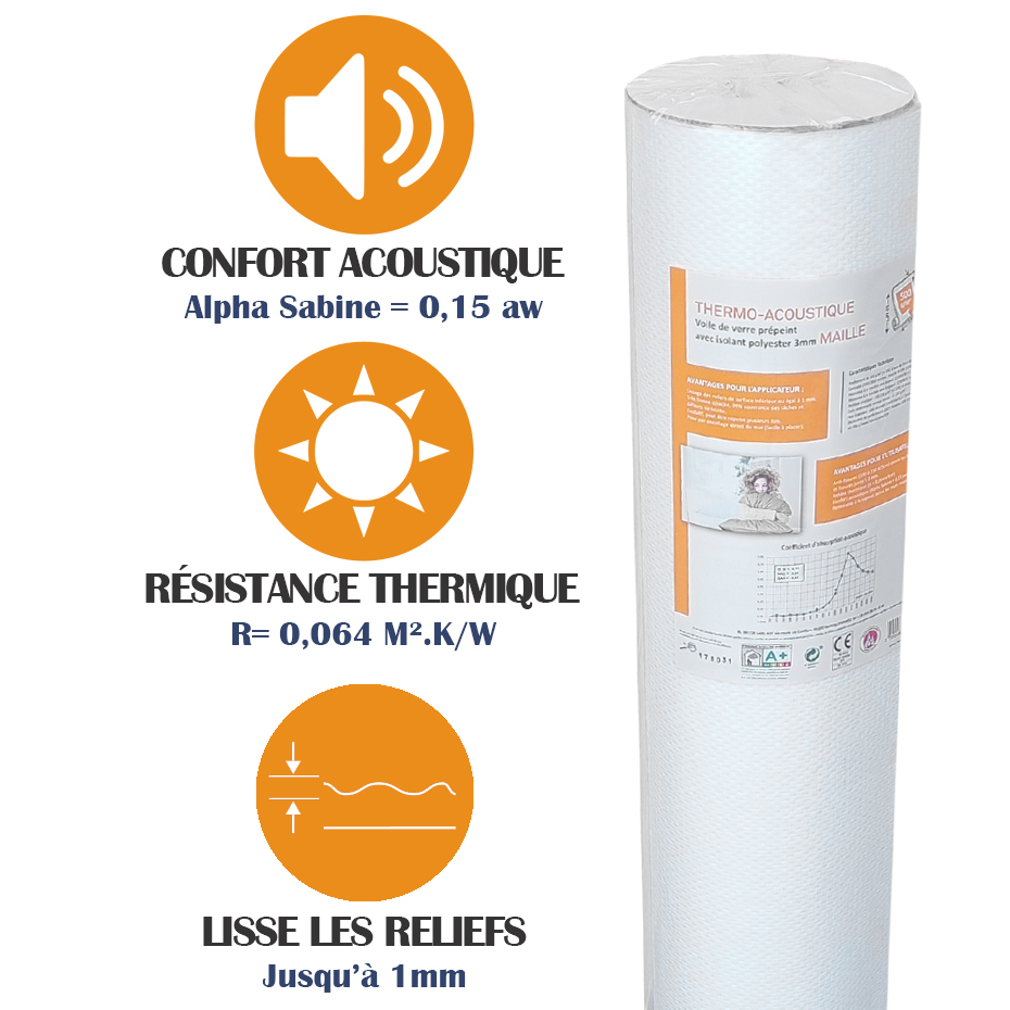 Toile de verre thermo-acoustique motif Maille 500g/m² -10m²